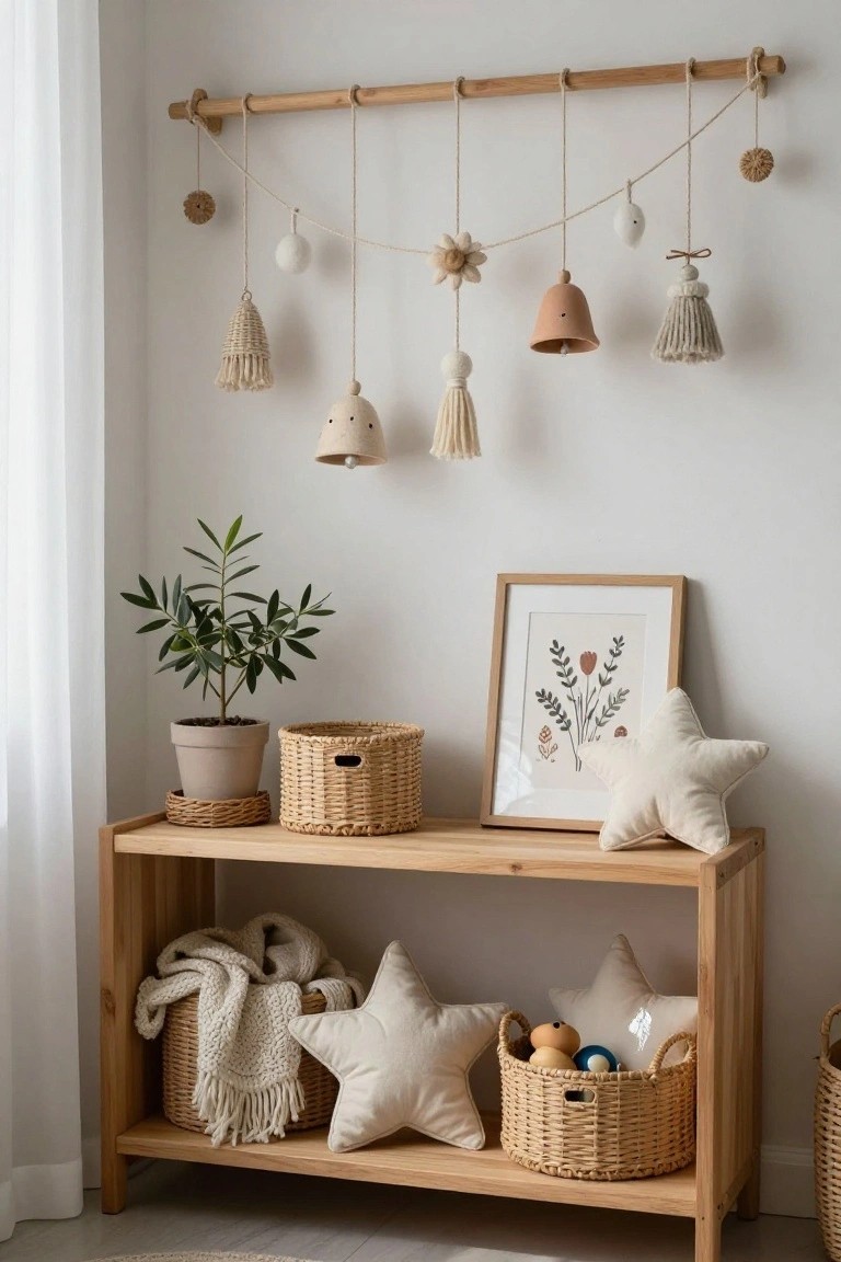 White wall corner with wooden rod suspended by ropes holding hanging garland of woven tassels, clay bells, pom poms, and stars, above wooden console table with woven baskets of toys and blankets, star pillows, potted plant, and framed botanical art.