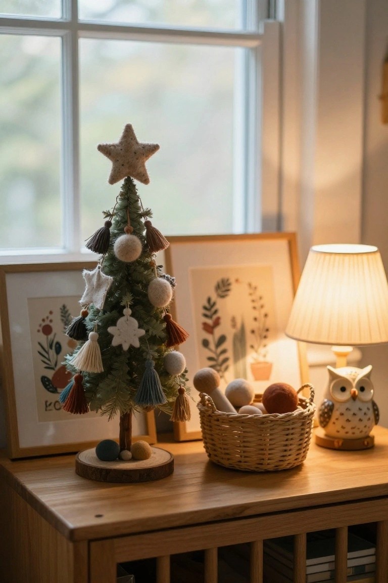 Small artificial Christmas tree on a wooden base decorated with white felt stars, snowflakes, pom poms, and multicolored tassels stands on a wooden dresser beside framed artwork, a lamp, a basket of yarn balls and bone, and a ceramic owl figurine near a window.