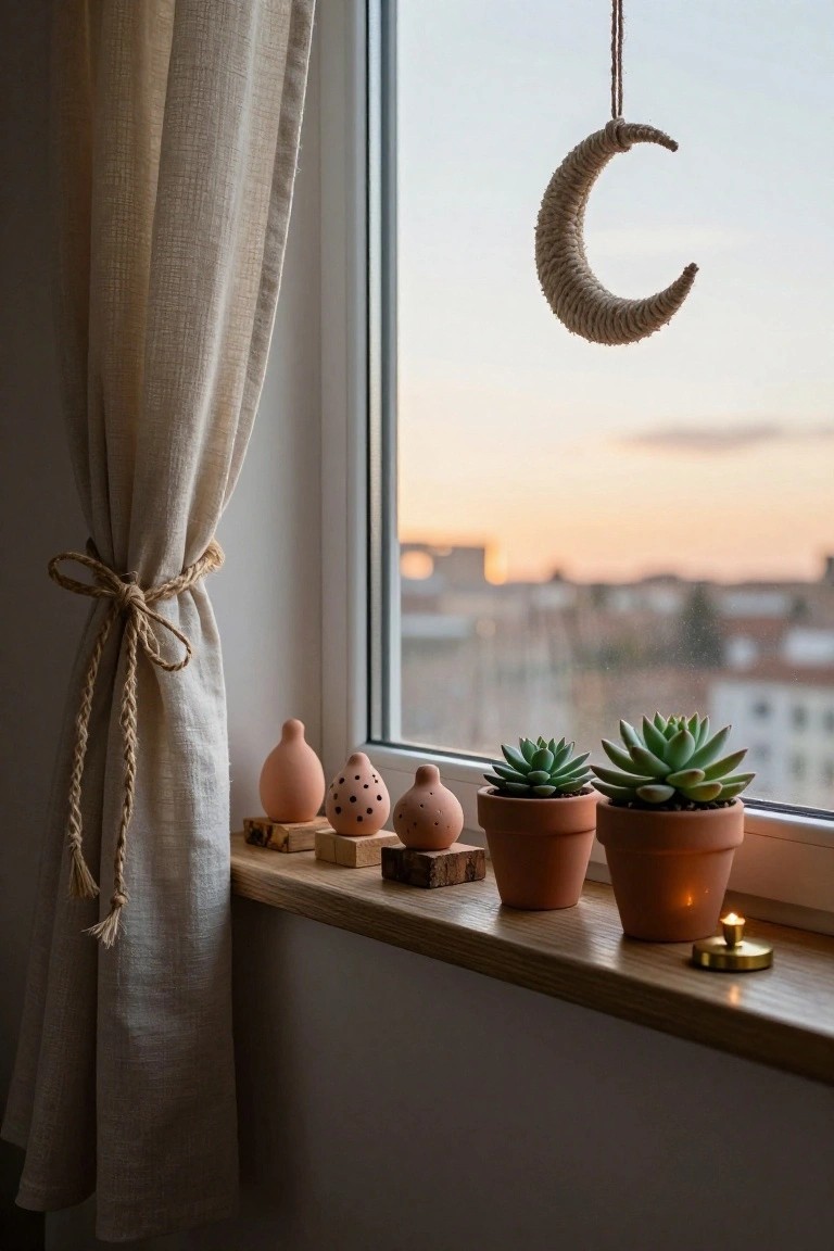 Windowsill inside a room with beige curtains tied by rope, a hanging woven rope crescent moon ornament, two terracotta pots with succulents, ceramic egg-shaped shakers, wooden blocks, and a lit candle on a brass base, sunset view of city buildings outside.