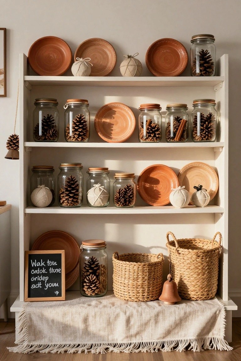 White open bookshelf displaying terracotta plates, glass jars filled with pinecones and cinnamon sticks, fabric-wrapped pumpkins, woven baskets, and a small chalkboard sign on a fringed runner below.