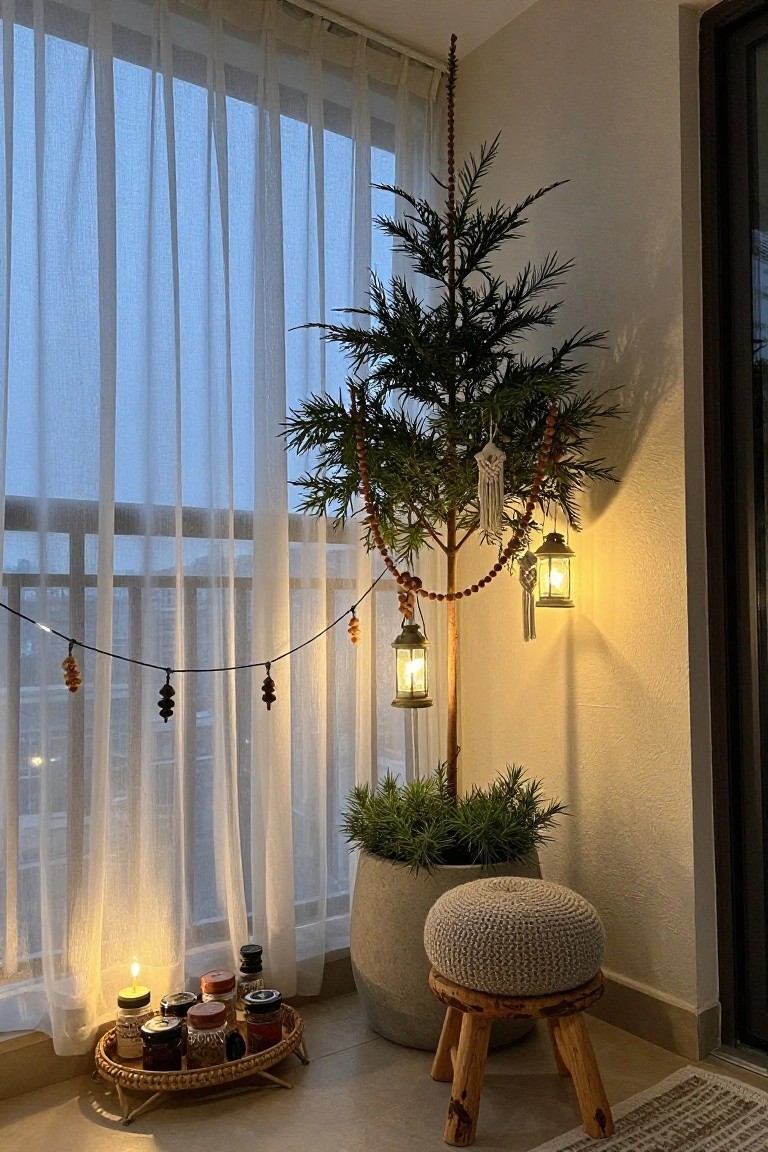 A small potted evergreen tree decorated with beaded garlands, macrame ornaments, hanging lanterns, and pinecone details stands in a light beige indoor corner beside sheer white curtains and windows, with a woven stool, potted plant, and tray of spice jars on the floor.