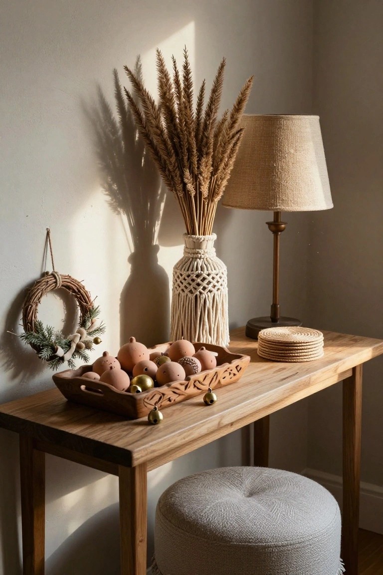 Wooden console table in a beige room corner holds a carved wooden bowl of terracotta spheres and gold bells, with stacked woven coasters, a vase of pampas grass, macrame vase, drum lamp, wall wreath, and tufted ottoman.