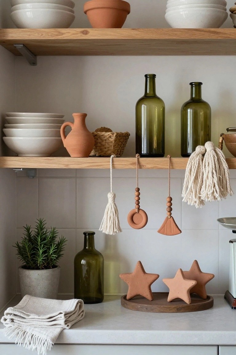 Kitchen shelves and counter displaying stacked white bowls, terracotta pots and jug, green glass bottles, hanging white tassel decorations with clay beads and shapes, potted rosemary plant, and three terracotta star ornaments on a wooden tray.