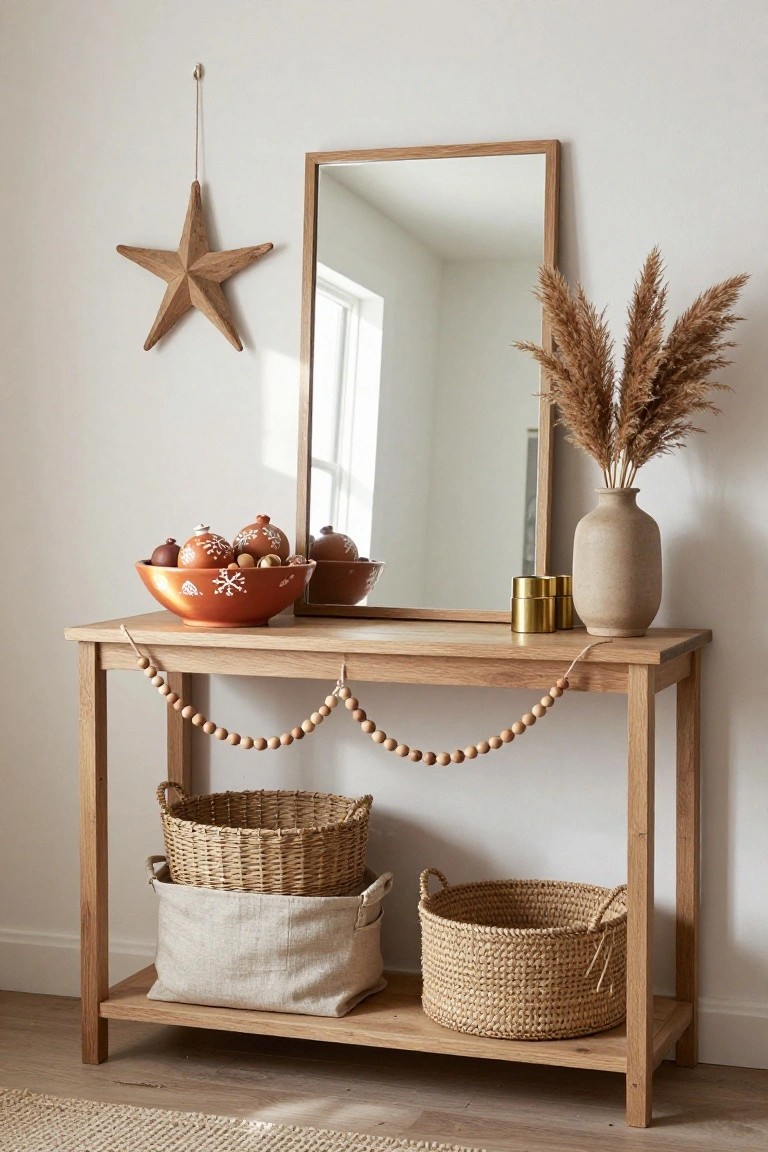 Oak console table against a white wall with wooden bead garland draped around it, orange bowl of terracotta ornaments with snowflake designs, pampas grass in a beige vase, gold candle holders, two woven baskets underneath, wooden star hanging above, and a wood-framed mirror to the side.