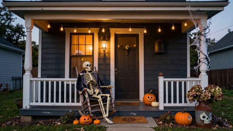 Front porch at dusk decorated for Halloween with white tulle drapes, string lights, a lantern-lit door, jack-o-lanterns on steps, a broken pot, and a mannequin in green military uniform seated on a plaid-cushioned wicker rocking chair.