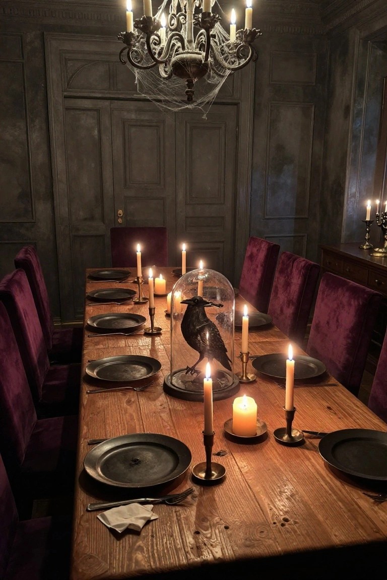 Wooden pergola draped in black netting and string lights over a dark dining table with skull centerpieces and chairs on a deck, surrounded by faux gravestones and plants at dusk.