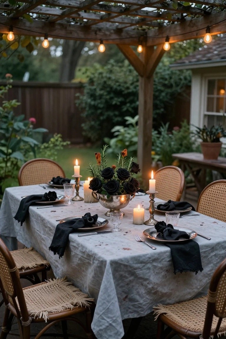 Halloween decoration on a concrete walkway with multiple gray foam tombstones, a white skeleton figure, a metal tub coffin containing a skull, draped white archway, and solar lights at dusk near houses and trees.