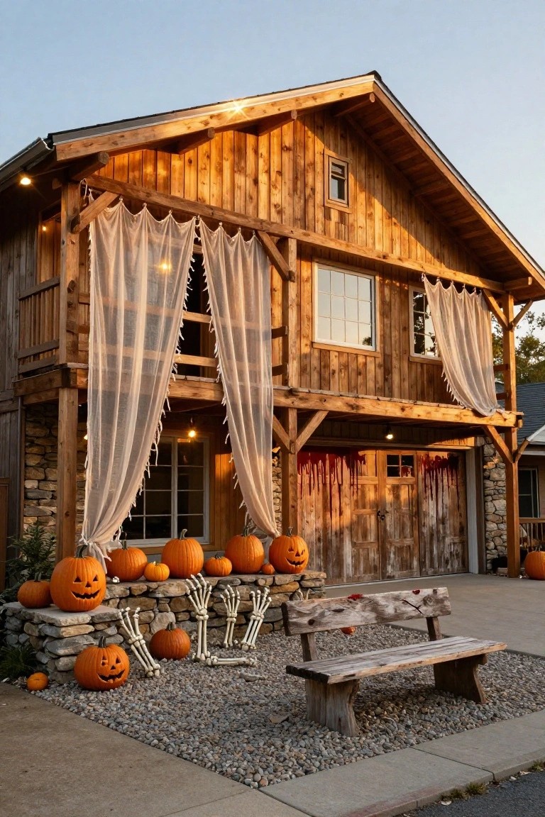 A narrow ivy-covered brick balcony in an alley with two white chairs draped in cobwebs, a small round table holding a bowl of apples, multiple candles including a candelabra, a black crow on the metal railing, potted plants, and warm lantern lights.
