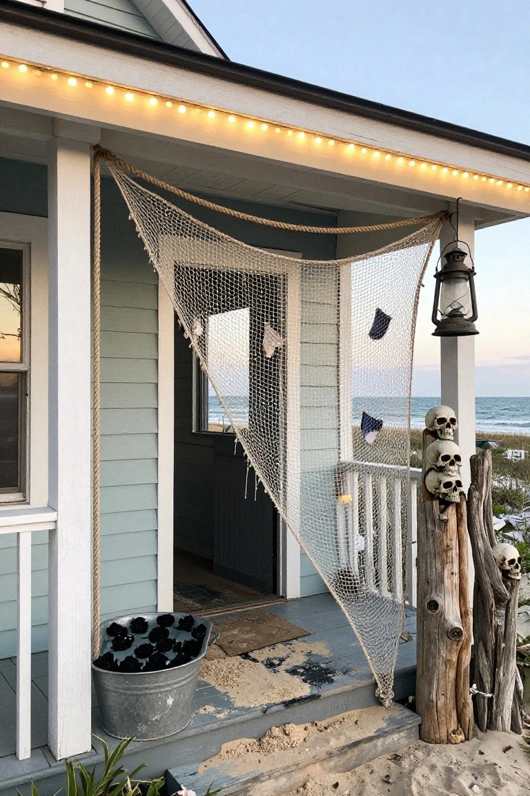Backyard patio at dusk featuring a central round metal fire pit with burning logs, surrounded by black bean bag chairs on a circular tiled area, with orange jack-o-lantern pumpkins, wooden tiki masks, string lights, hanging plants, and firewood stacks nearby.