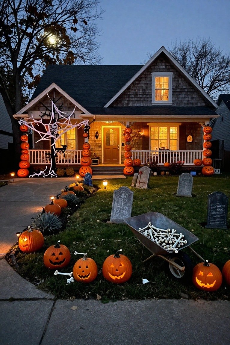 Outdoor patio with central fire pit, lounge seating, torches, hanging skeleton limbs and ghost figure, and a row of carved orange pumpkins in dark leafy kale beds edging a blue swimming pool on wet stone pavers.