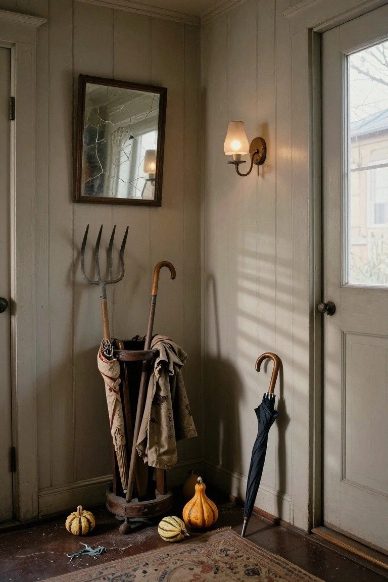 Gray shingled house porch with blue door, mannequin wearing beige nautical coat and scarf, stacked vintage suitcases bound by rope, wooden crate of glass floats and seaweed, blue and green pumpkins, lanterns, bell, and scattered shells on wet pavement.