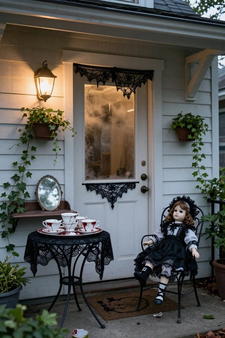 Front yard Halloween display with a stone pathway flanked by bushes, gravestones, skeletons, a wheelbarrow of bones and skulls, a baby carriage, and lanterns.