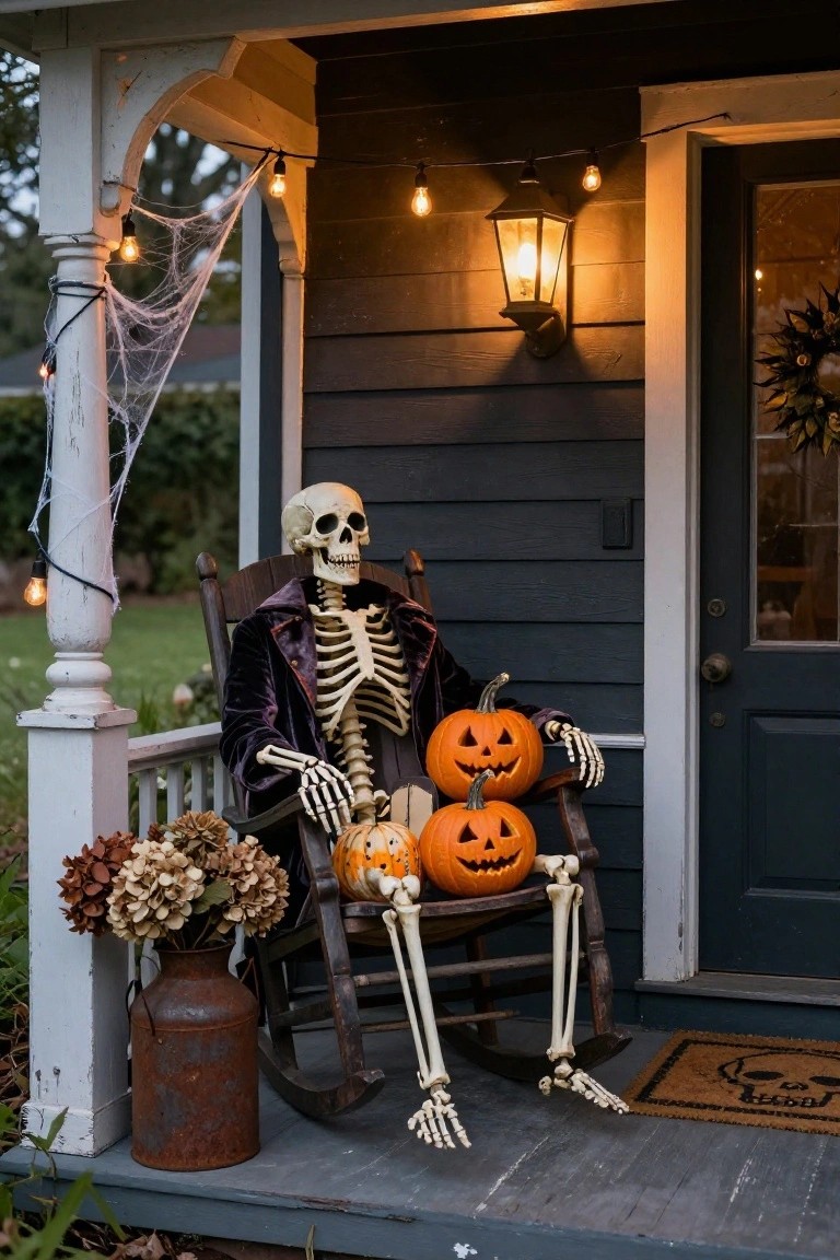 Front porch at dusk decorated for Halloween with white tulle drapes, string lights, a lantern-lit door, jack-o-lanterns on steps, a broken pot, and a mannequin in green military uniform seated on a plaid-cushioned wicker rocking chair.