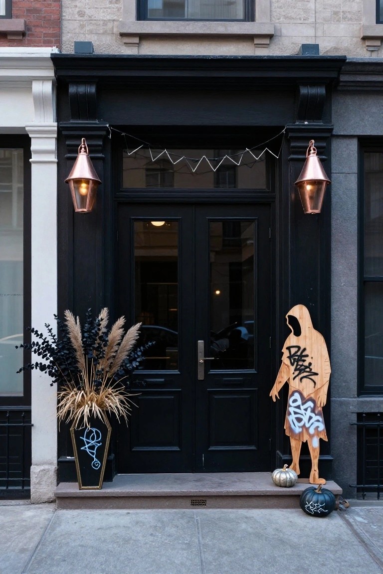Wooden porch with floral-curtained antique crib, rocking horse on a rug, hanging mobile of bats and angels, lantern on crates, potted plants, and chalkboard sign against wooded background at dusk.