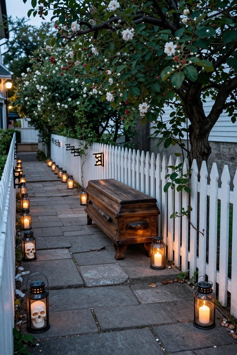 Wooden outdoor porch at dusk overlooking the ocean, featuring a rope-hung swing seat, Adirondack chair, multiple white skulls in terracotta pots and inside a rusty metal cage, hanging lanterns, fishing nets, and seaweed decorations.