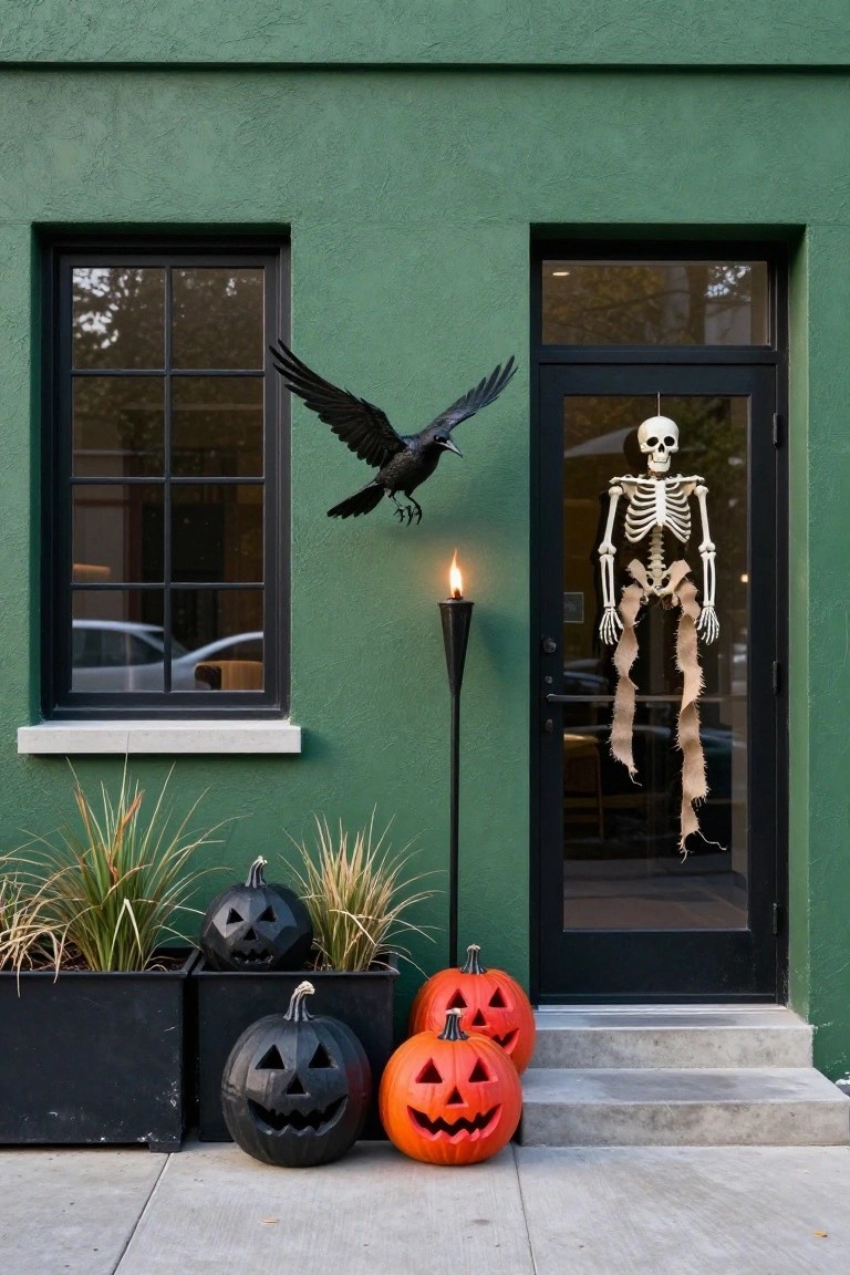 Dark covered porch with hanging wire lantern, broken mirror emitting fog, black candles in gold holders on bench with gray blankets, potted plant, foggy urn, black front door, black pumpkin, and white pumpkins with red paint drips on concrete steps beside black doormat.