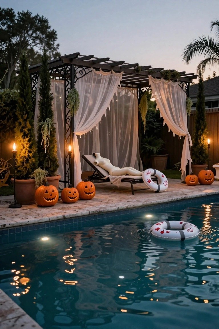Rooftop terrace with two pallet chairs draped in black blankets, a wooden table holding a skull, books, and lanterns, tall pampas grass in metal buckets, string lights overhead, fog, blood-like floor spills, and a Halloween sign against a city skyline at dusk.