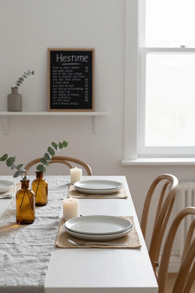 Minimalist dining setup with a light wooden table, gray runner, candles, and brown vases.