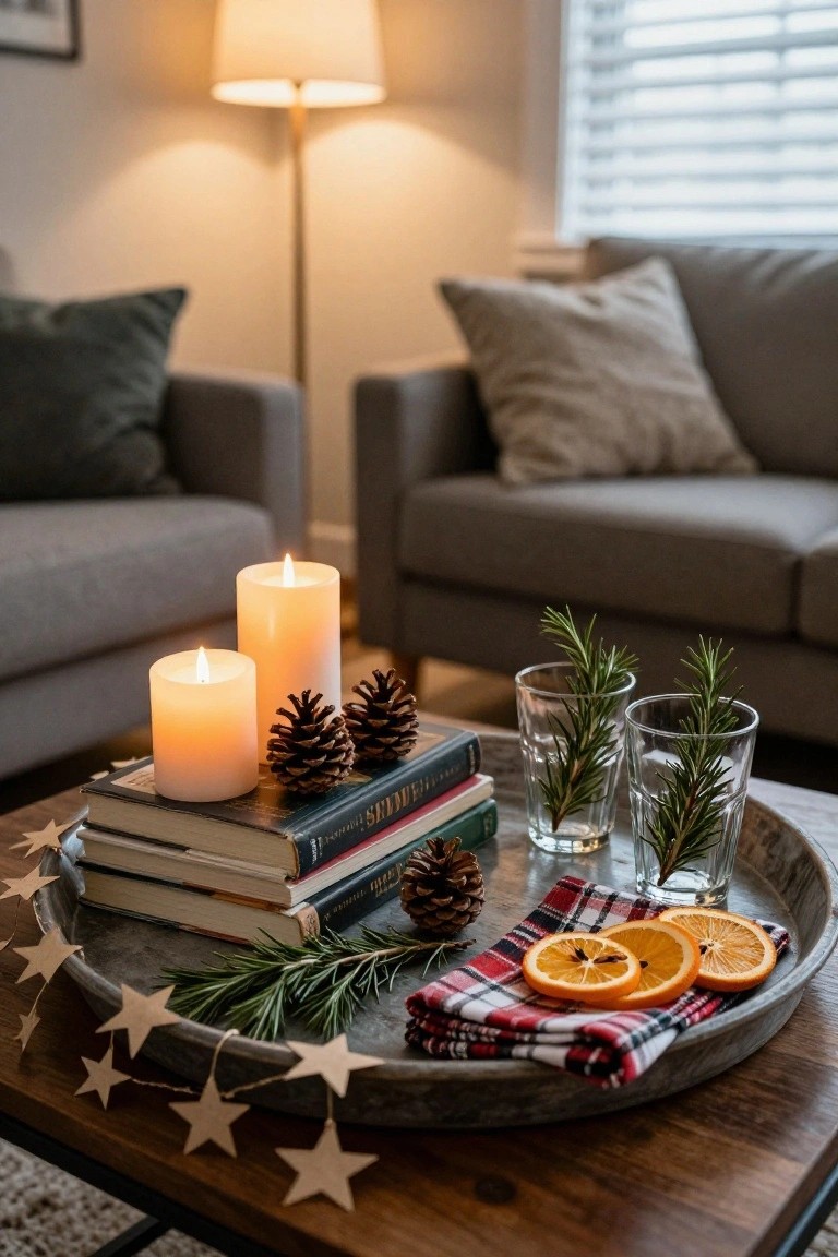 A galvanized metal tray on a wooden coffee table displays white pillar candles, stacked books, pinecones, orange slices, rosemary sprigs in glasses, and plaid fabric amid paper star garlands in a warmly lit living room.