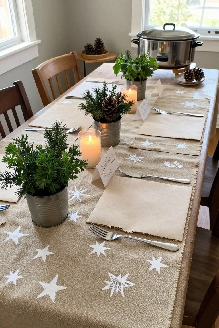 Wooden dining table set for Christmas with beige burlap runner featuring white star designs, multiple tin cans holding small evergreen plants, herbs, pillar candles, pinecones, beige napkins, silverware, and a silver stockpot in the background.