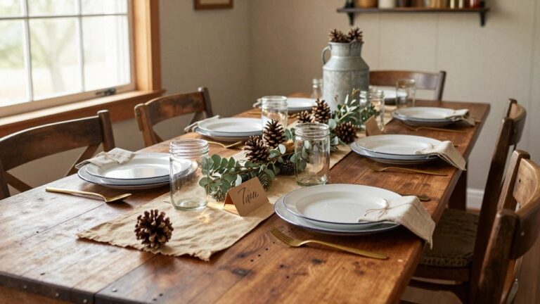A rustic wooden dining table is set with white plates, glass jars, and pinecones, accented by greenery and simple linen napkins, creating a cozy holiday atmosphere.