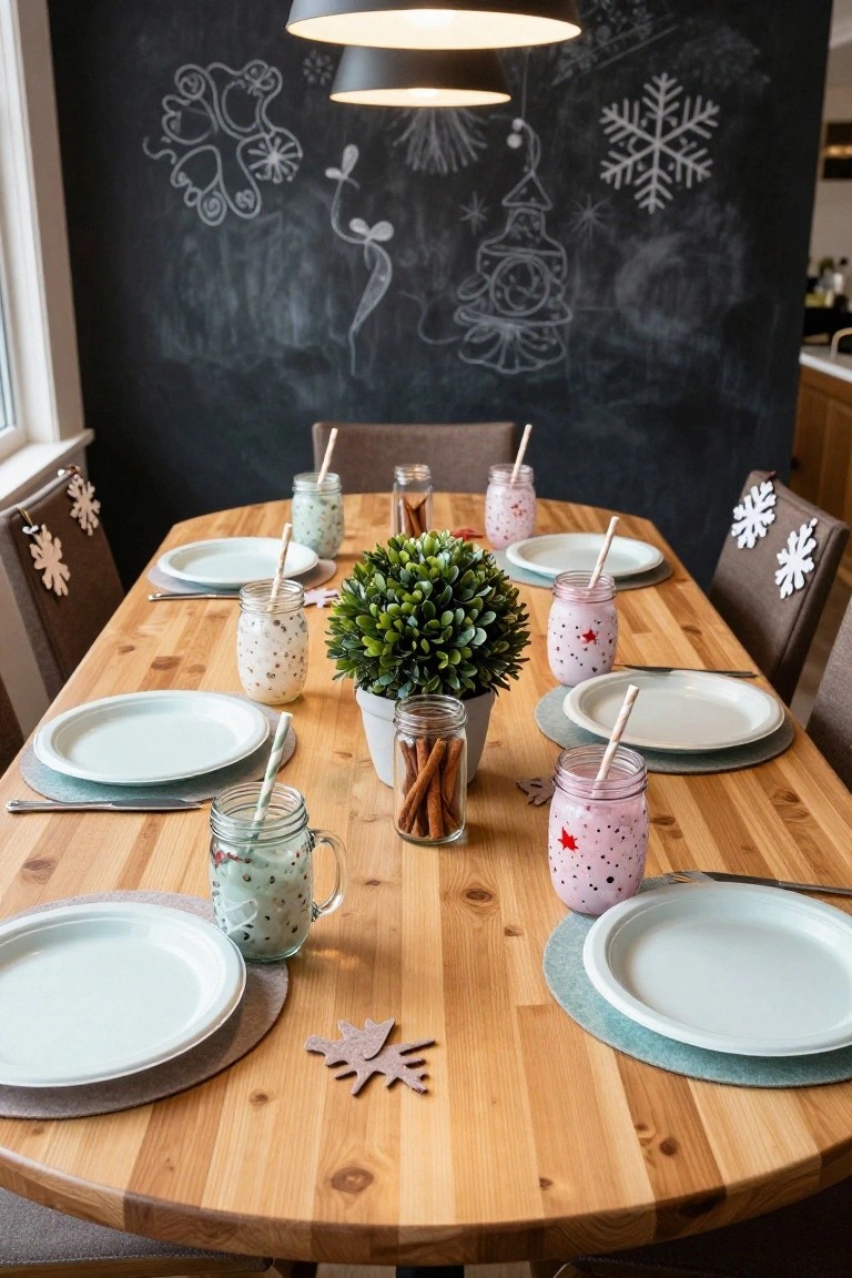 Oval wooden dining table set for Christmas with white paper plates, mason jars of green and pink smoothies with striped straws, boxwood centerpiece, cinnamon sticks, snowflake decorations, and chairs against a chalkboard wall.