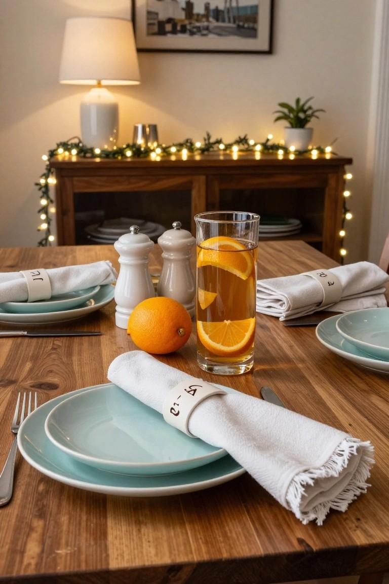 Wooden dining table set for a holiday meal with blue plates, white napkins tagged with numbers and letters, a tall glass of orange-infused drink with slice, whole oranges, white salt and pepper shakers, and fairy lights draped on a nearby wooden sideboard.