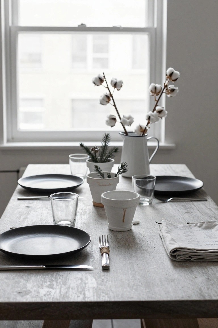 Rustic wooden dining table with black plates, glass tumblers, forks and knives, small white pots holding fir branches, a white milk jug with cotton bolls, and a folded linen napkin, viewed from above near a window.
