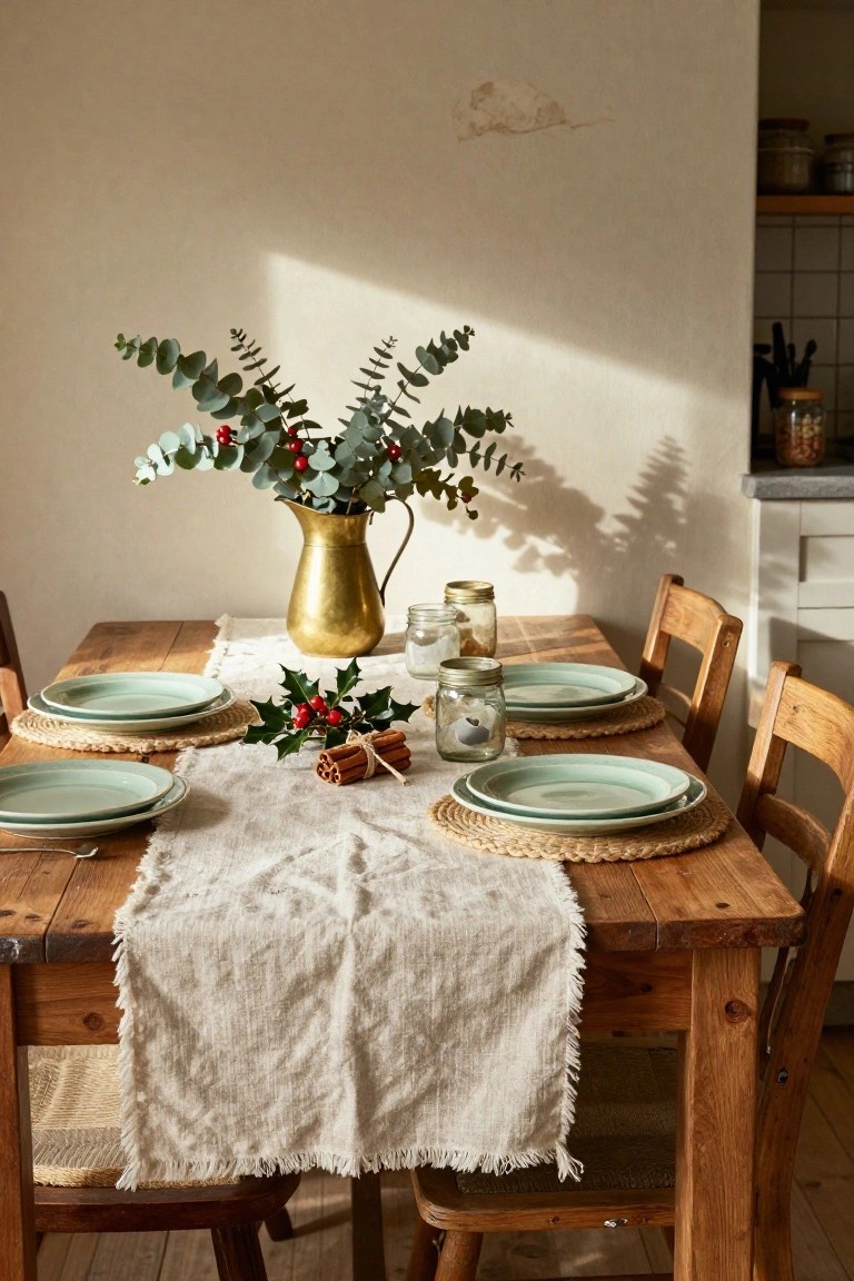 Wooden dining table in a kitchen with brass pitcher of eucalyptus branches and red berries as centerpiece, green plates on woven placemats, holly sprigs, cinnamon sticks on linen runner, surrounded by wooden chairs.