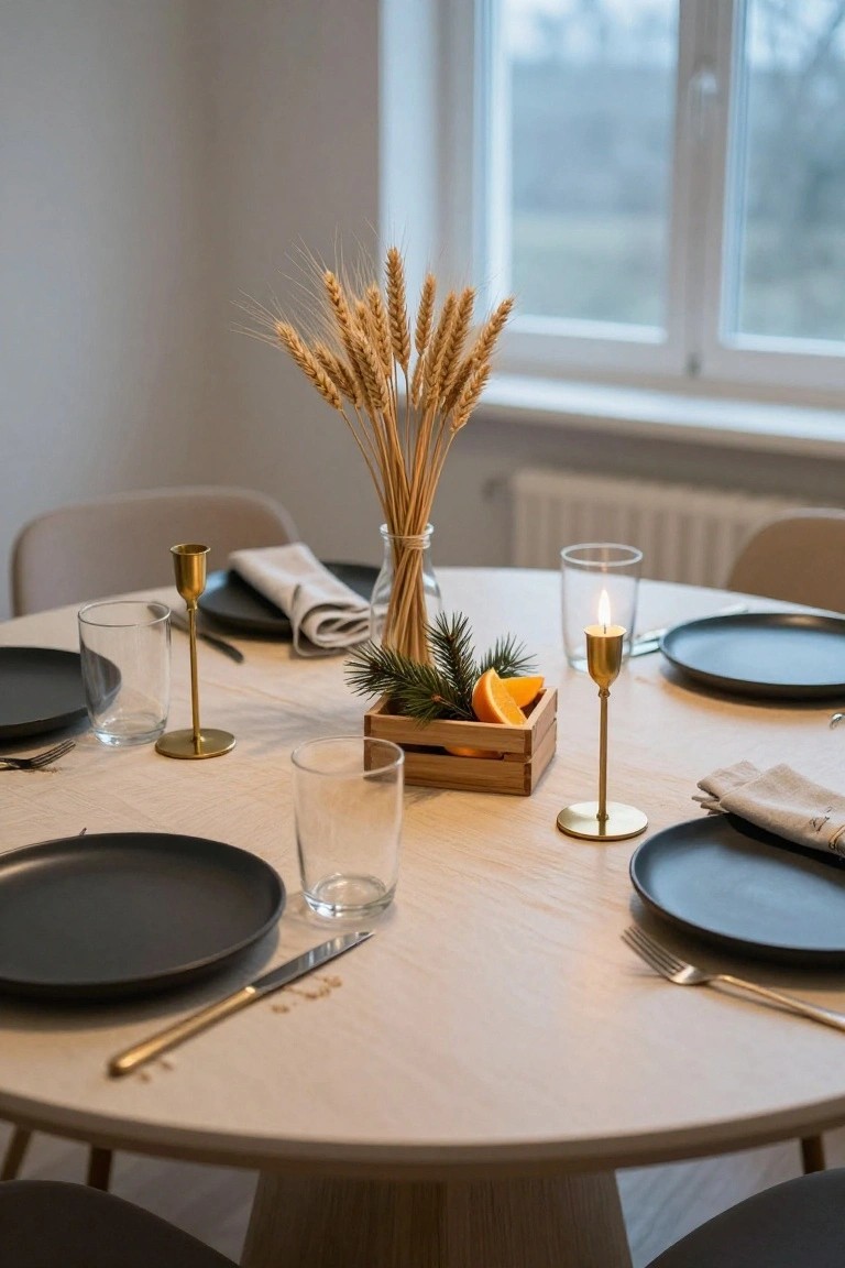 Close-up view of a round wooden dining table set with black plates, gold candlesticks, glasses, wheat stalks in a glass jar, pine branches, and oranges in a wooden crate.
