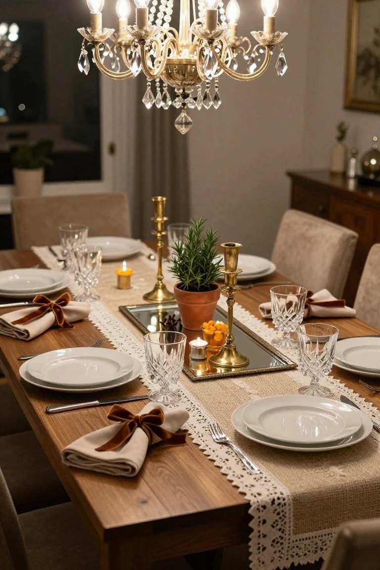 Wooden dining table set for a meal with burlap runner edged in white lace, white plates and napkins tied with brown ribbons, crystal glasses, brass candlesticks with lit candles, and a potted rosemary plant in the center under a chandelier.