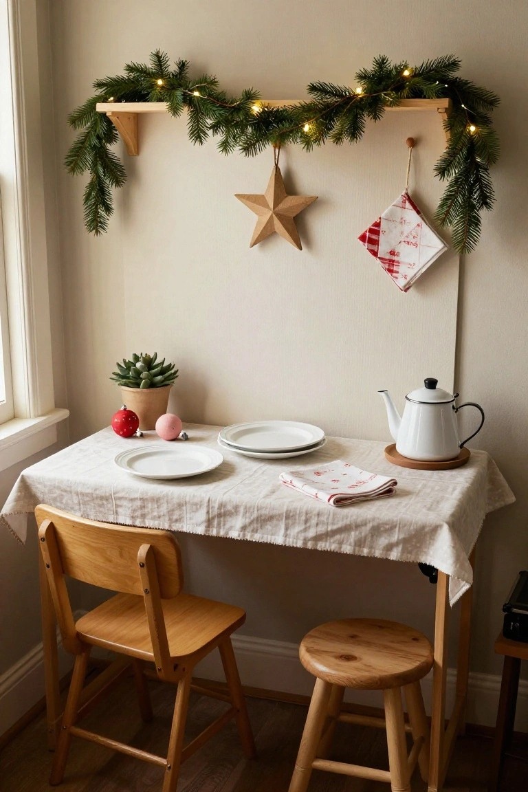 Cozy dining table with plates, a kettle, decorations, and a potted plant.