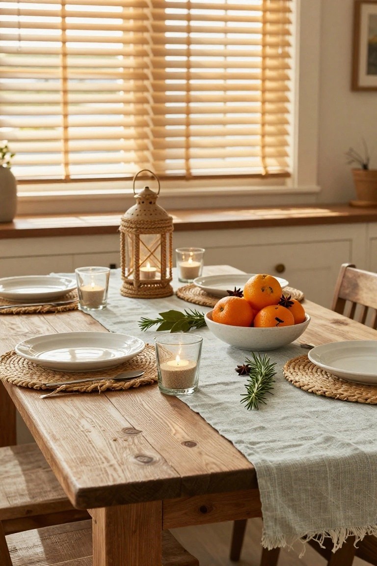 Wooden dining table set with white plates on woven placemats, a white bowl filled with oranges as centerpiece, tea light candles, glasses, and rosemary sprigs nearby, in a kitchen with wooden cabinets and slatted blinds.