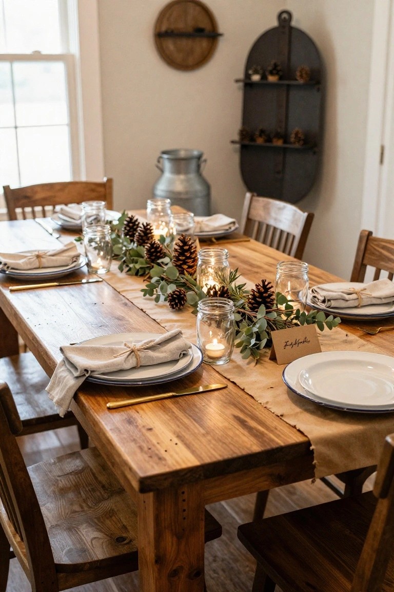 Rustic dining table set with plates, mason jars, pinecones, and greenery centerpiece.