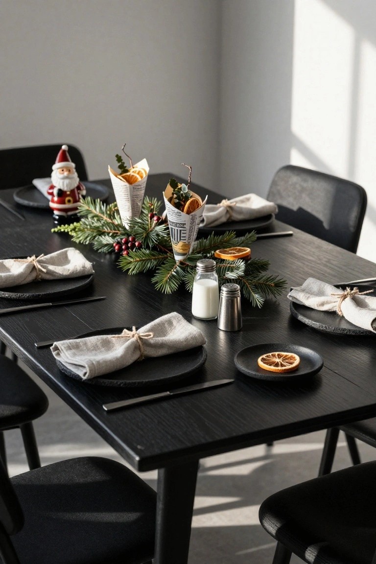 Dark wooden dining table set for Christmas with black plates, twine-tied linen napkins, central evergreen garland with berries and dried oranges, paper cones of citrus slices, milk and salt shakers, and small Santa elf figures.