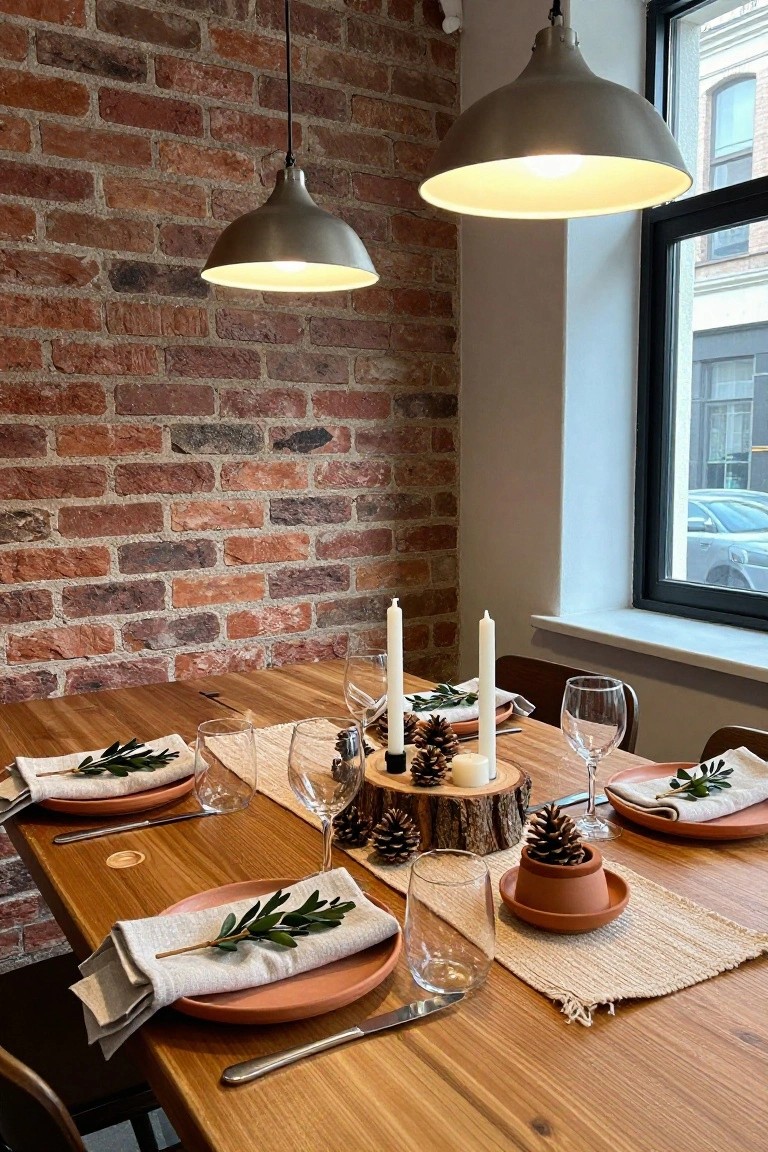 Wooden dining table set for Christmas with pinecone and candle centerpiece on a log slice, terracotta plates, olive branch napkins, glasses, and beige runner against a brick wall.