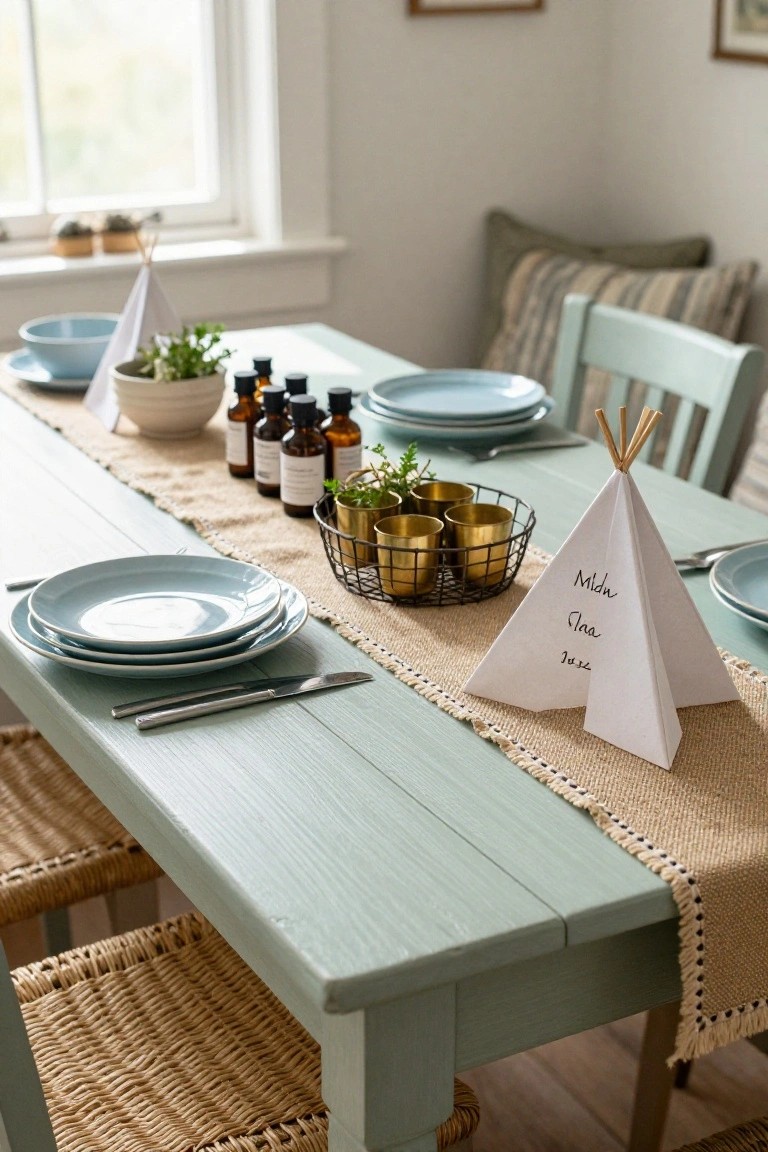 Mint green wooden dining table set with stacked blue plates, silverware, burlap runner, wire basket of gold cups, potted herbs, essential oil bottles, and white paper teepee place cards labeled with names.
