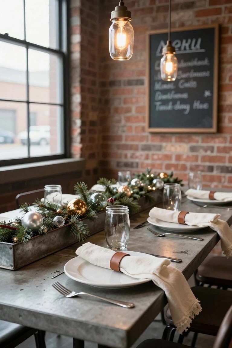 Rustic metal dining table set for four with white plates, linen napkins in leather bands, forks, glasses, and a central galvanized tray filled with pine branches, gold and silver ornaments, berries, and mason jars, against a brick wall with pendant lights and a menu board.