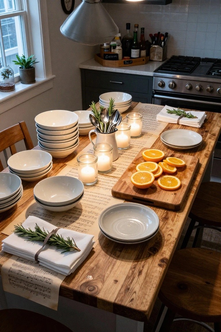 Wooden dining table in a kitchen with vintage sheet music as a runner, stacked white bowls, rosemary-tied napkins, sliced oranges on a cutting board, candles in glass jars, and chairs around it.
