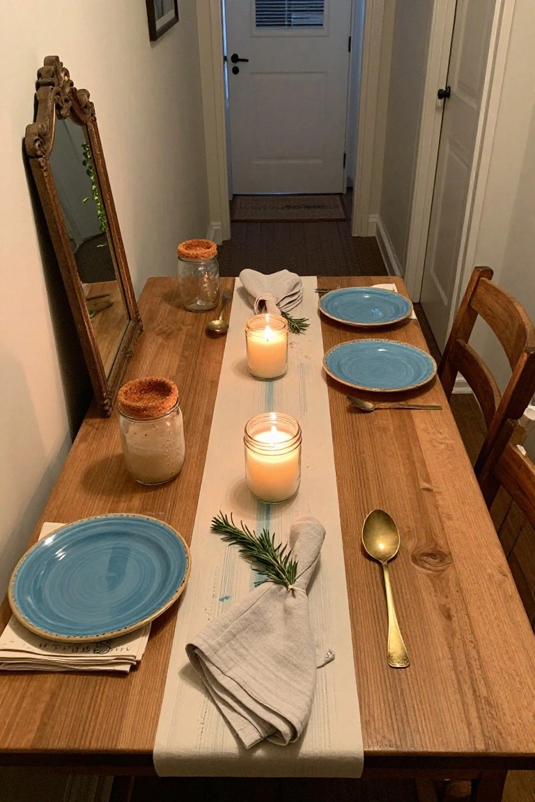 Wooden dining table in a narrow indoor hallway set for two with blue plates, white linen napkins tied with rosemary, gold spoons, mason jar candles in a row along a linen runner, and two wooden chairs.