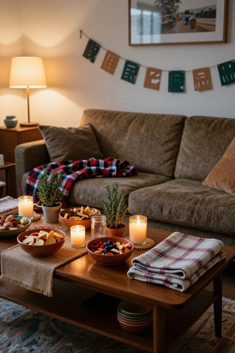Living room with beige sofa, wooden coffee table holding terracotta bowls of snacks and fruit, lit candles, potted rosemary plants, plaid blankets, and green paper garland banner on the wall.