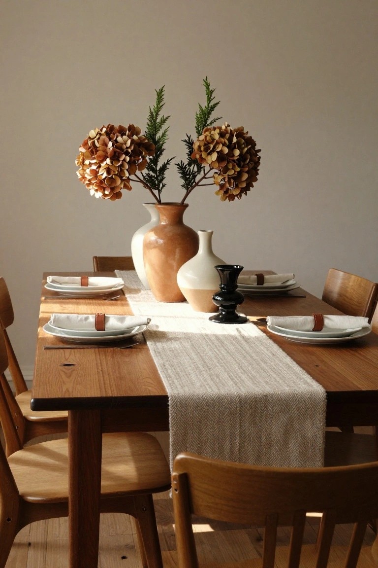 Wooden dining table with beige linen runner, white plates and napkins with brown leather rings, terracotta and white vases of dried orange hydrangeas and green foliage, black candle holder, and wooden chairs in a sunlit room.