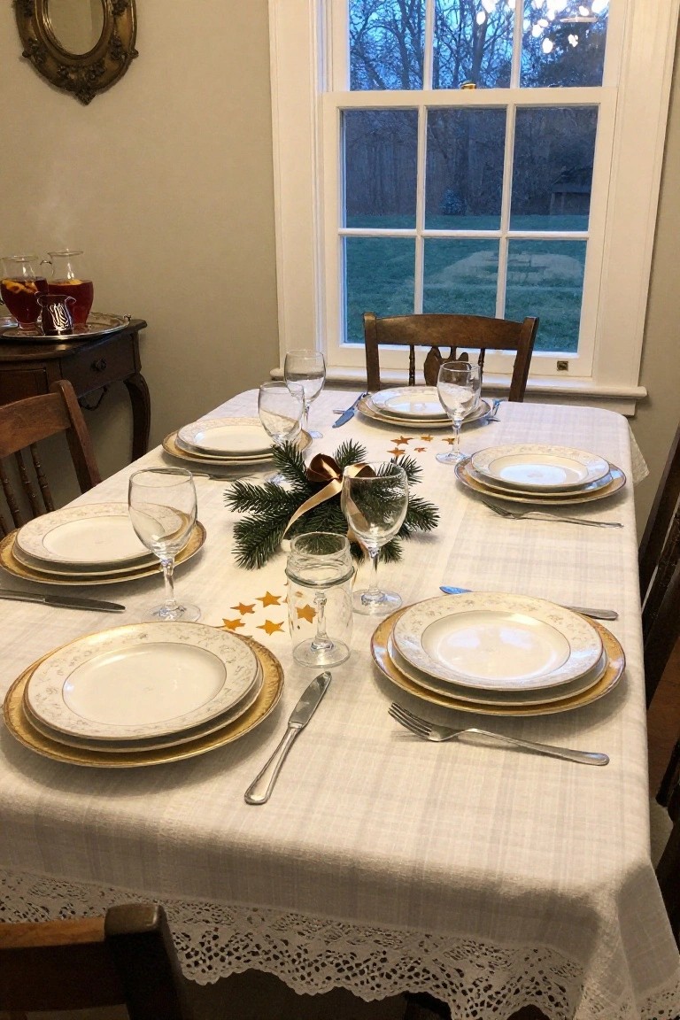 Dining table set for six with white and gold-rimmed plates, wine glasses, silverware, and a centerpiece of pine branches, berries, and a red satin bow on a white lace-edged tablecloth, antique wooden chairs, and a window view of a yard at dusk.