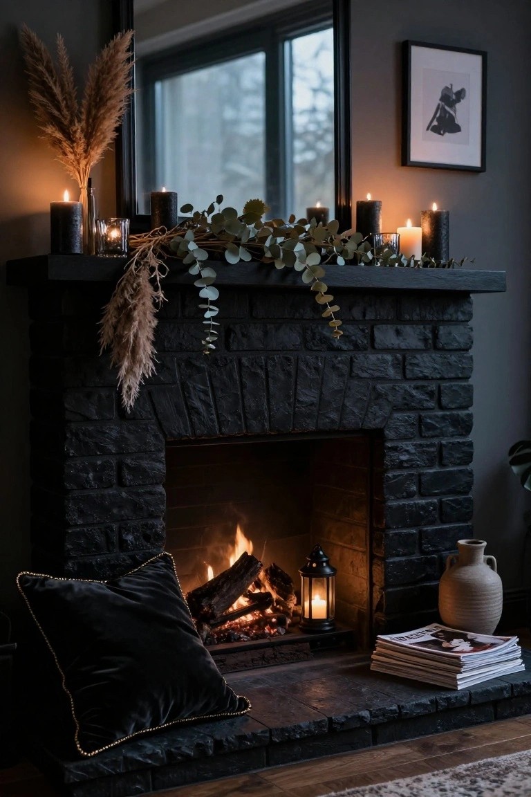 Black brick fireplace with burning logs, mantel decorated with dried pampas grass, eucalyptus garlands, multiple black pillar candles in glass holders, lanterns, pillows, magazines, and a vase nearby.