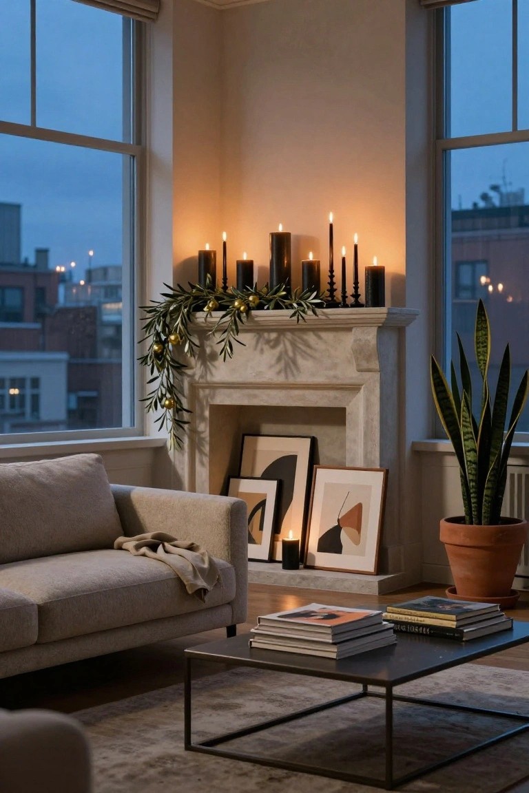 Beige living room corner with marble fireplace mantel holding black candles and olive branch garland with gold berries, gray sofa nearby, abstract framed art, coffee table with stacked books, potted snake plant, and large windows showing city twilight view.