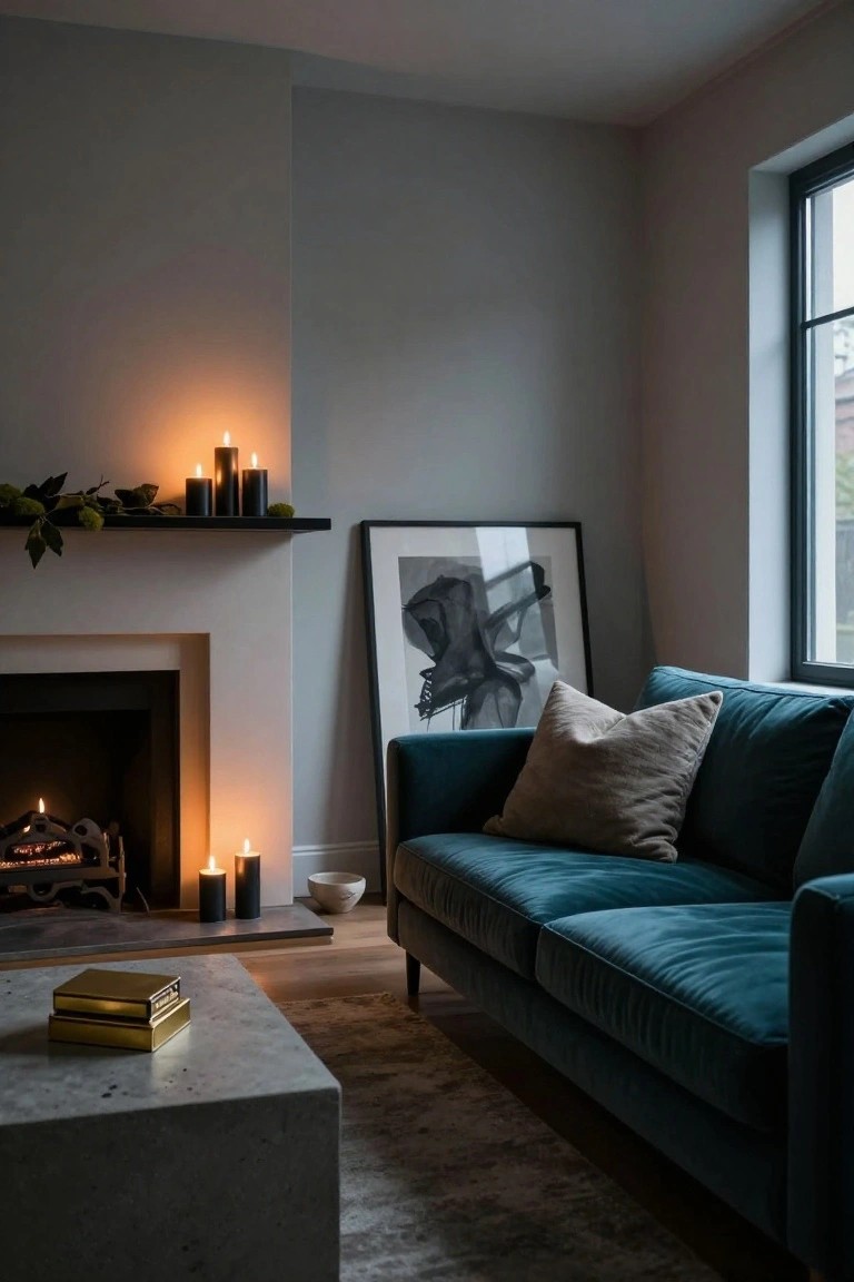 Cozy living room with a teal sofa, candles, fireplace, and framed artwork.