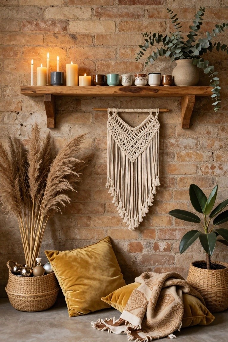 Wooden shelf on exposed brick wall holding lit pillar candles, ceramic pots and mugs, with white macrame wall hanging below, pampas grass bundles to the side, yellow velvet pillows and woven throw on floor, basket of ornaments, and potted plants nearby.