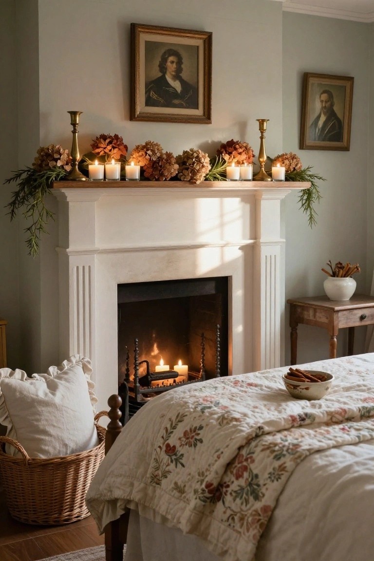 Cozy room with a fireplace, floral bedding, candles, and vintage portraits on the wall.