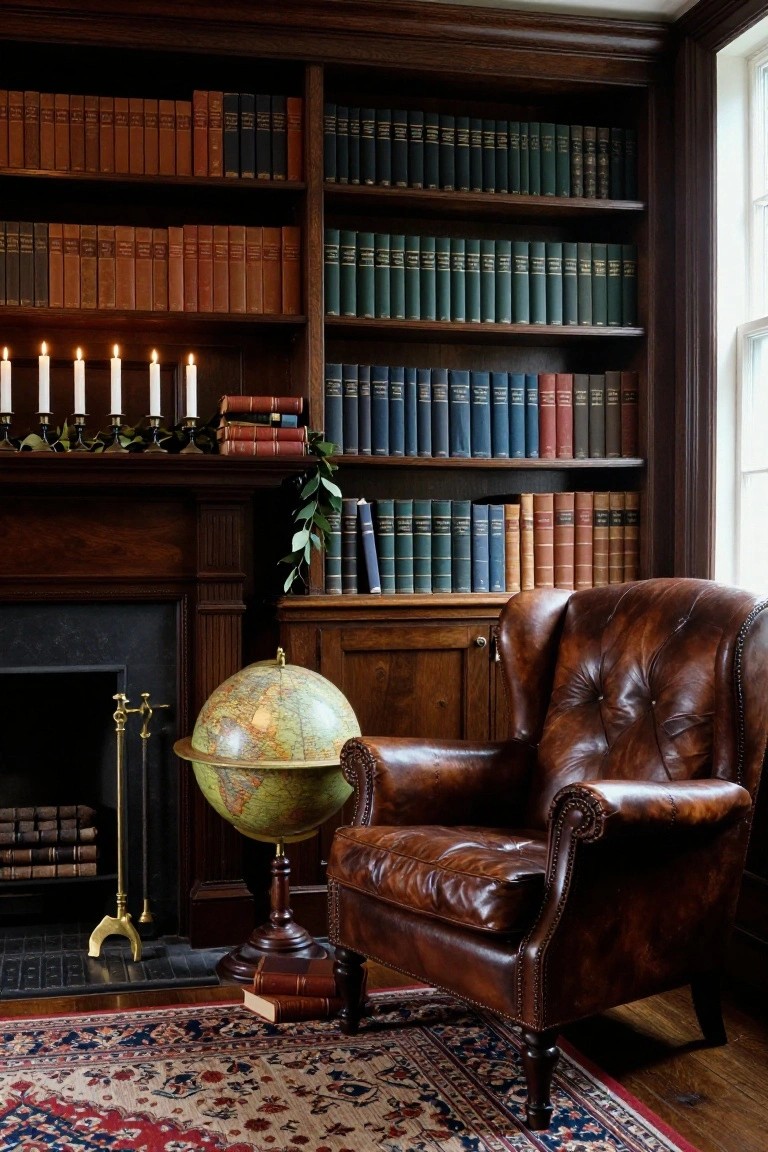 Wood-paneled library interior with floor-to-ceiling bookshelves filled with books, a leather armchair, globe stand, fireplace, and mantel holding lit white candles with greenery accents on a Persian rug.