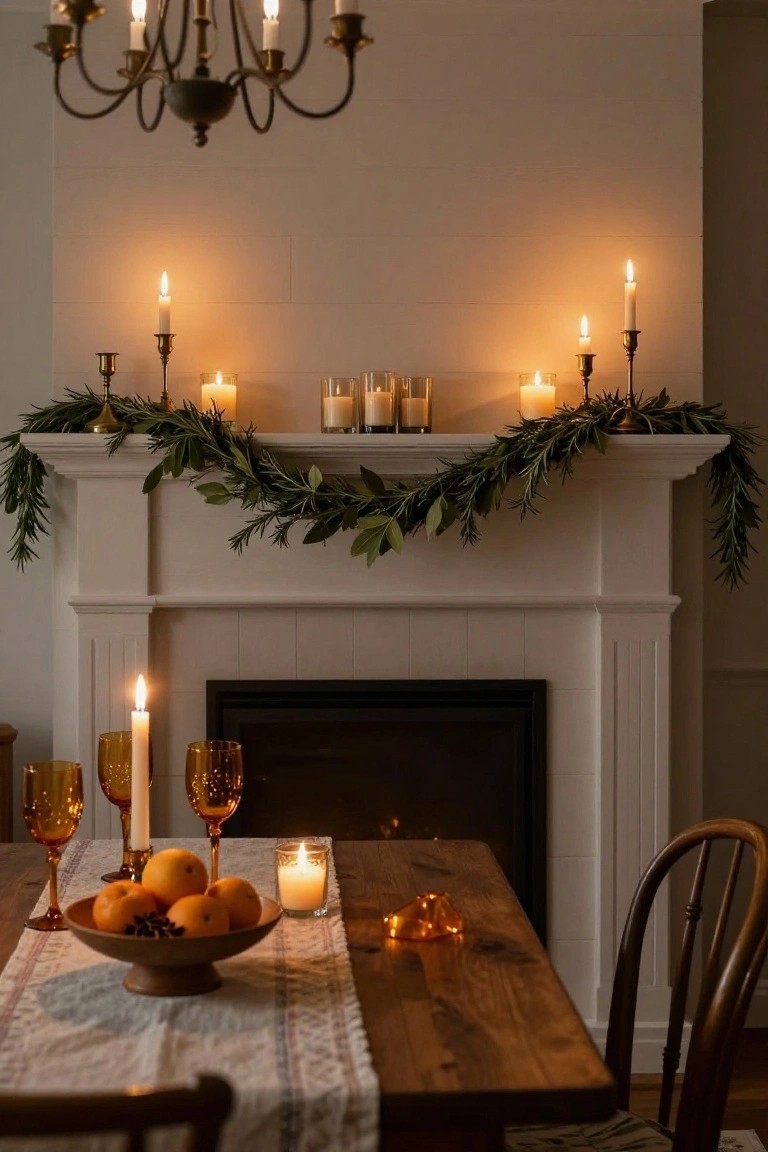 White fireplace mantel draped with green garland and decorated with multiple candles in holders and jars, alongside a wooden table holding a bowl of oranges, amber glassware, and additional candles in a warmly lit interior.